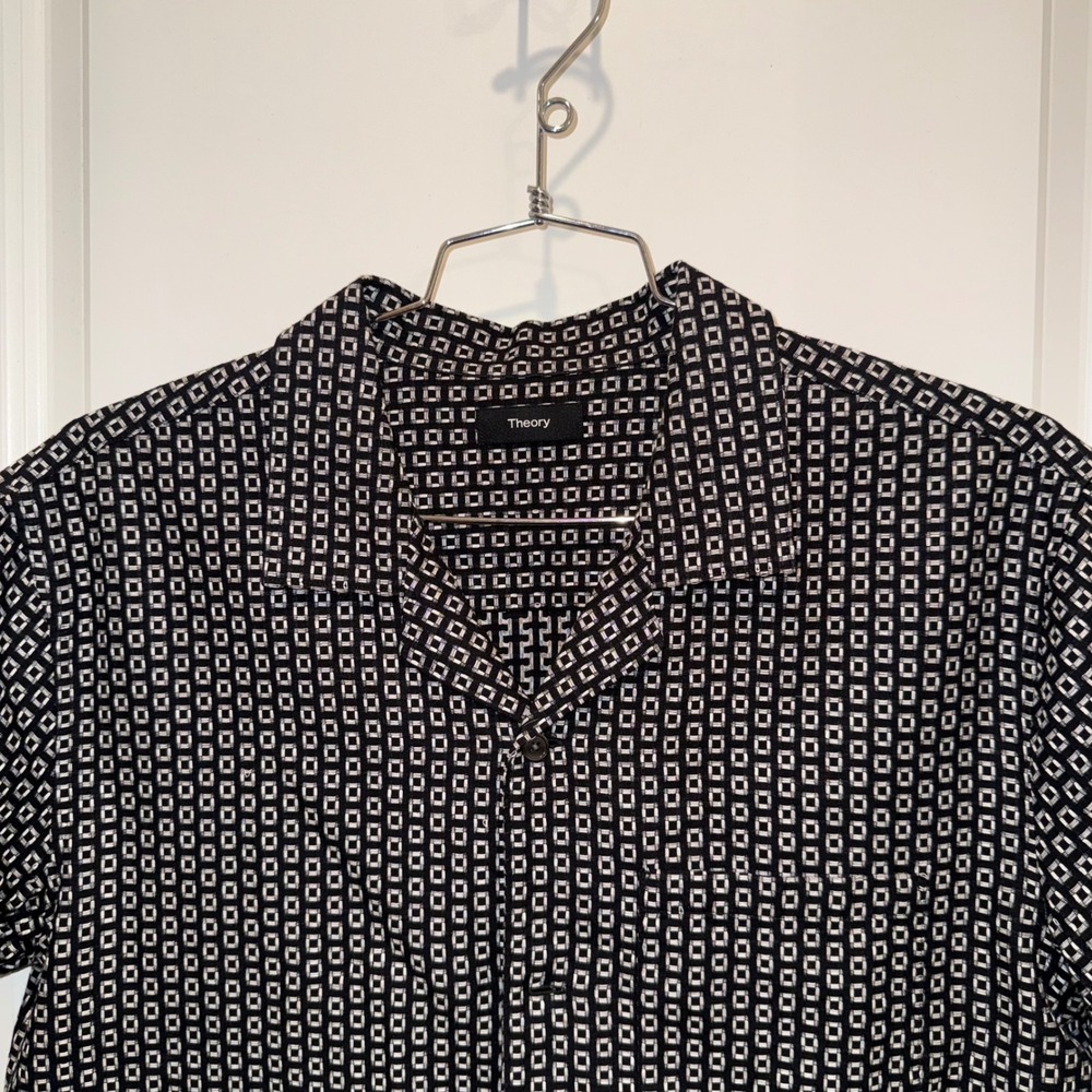 Theory Mens Noll SS CC Geo Cotton Dobby Black White Geometric Camp Shirt XL